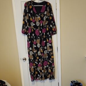 Lane Bryant Black Maxi Dress with Pink, Gold & Cream Floral Print